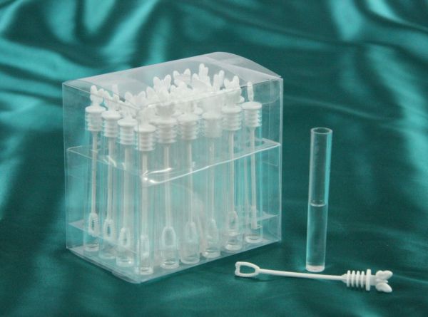 24 clear plastic tubes; white ribbed caps with butterfly design; square transparent storage box; long slender tube shape;