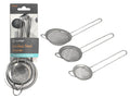 three stainless steel strainers; fine mesh screens; long handles; circular shape; silver metallic colour;