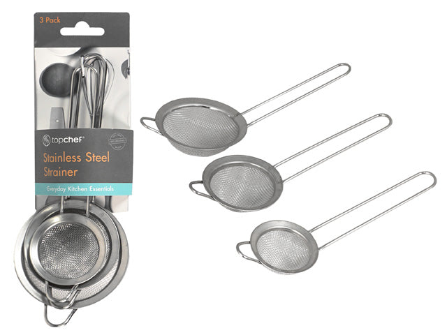 three stainless steel strainers; fine mesh screens; long handles; circular shape; silver metallic colour;