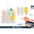 Set includes three bottles in pink, blue-green and yellow colours; Soft silicone squeeze bottles with white flip caps; Includes transparent zip pouch for storage; Oval-shaped bottles suited for gels and lotions;