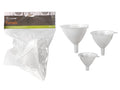 white plastic material; 3 funnels of varying sizes; conical shape with narrow spouts; packaged in a clear plastic bag;