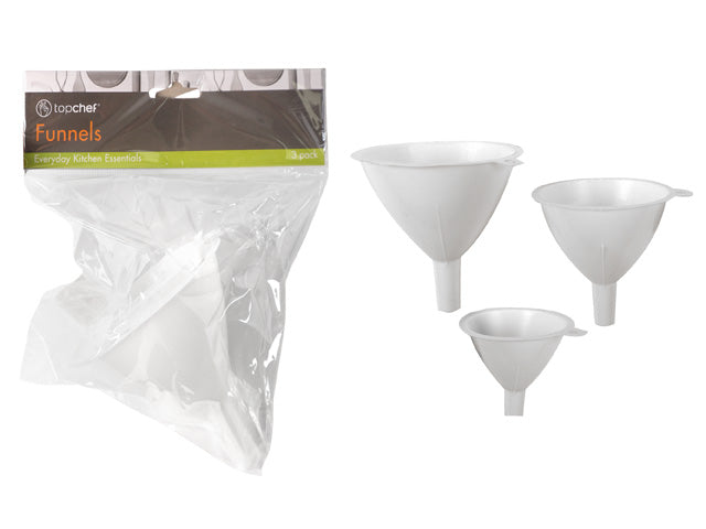 white plastic material; 3 funnels of varying sizes; conical shape with narrow spouts; packaged in a clear plastic bag;