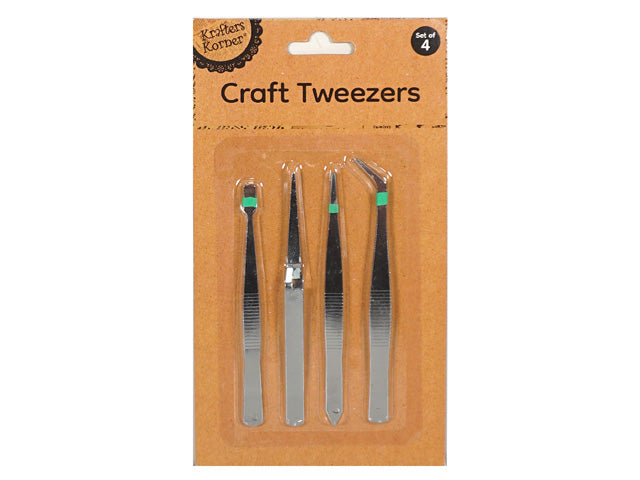 Set of 4 tweezers; Silver metal finish; Different tip shapes; Cardboard backing packaging;
