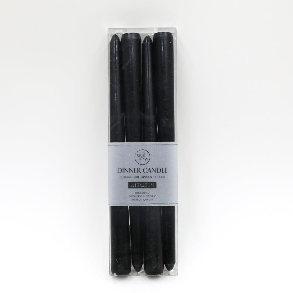 black colour; taper shape; pack of 4 candles; 25cm length; clear plastic packaging with label;