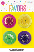 Set of 4 yo-yos in pink, yellow, green, and purple; Transparent plastic material; Printed text reading 'RAINBOW YOYO' on each yo-yo; Blister card packaging with colourful confetti design;