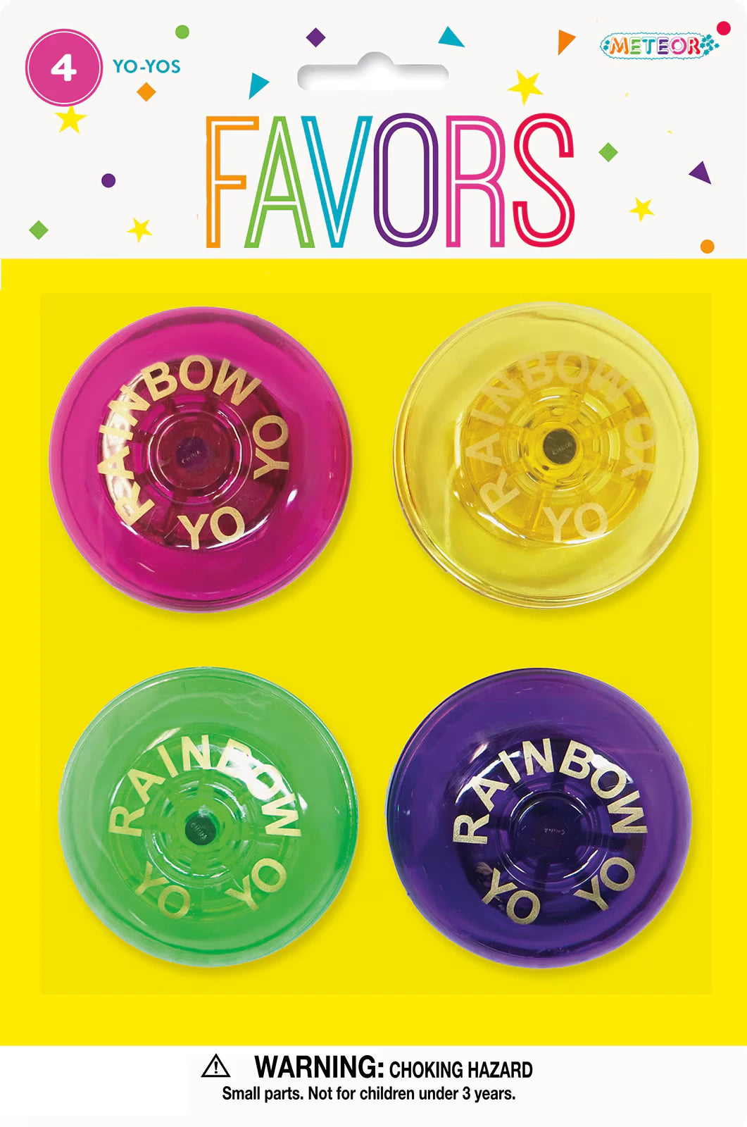 Set of 4 yo-yos in pink, yellow, green, and purple; Transparent plastic material; Printed text reading 'RAINBOW YOYO' on each yo-yo; Blister card packaging with colourful confetti design;