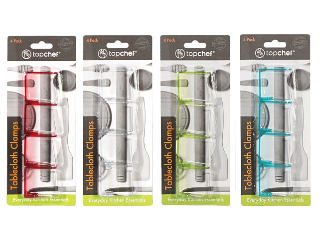 pack of 4 clamps; each clamp in red, clear, green or blue; plastic clamps; packaging with TopChef branding; clamps have spring mechanism;