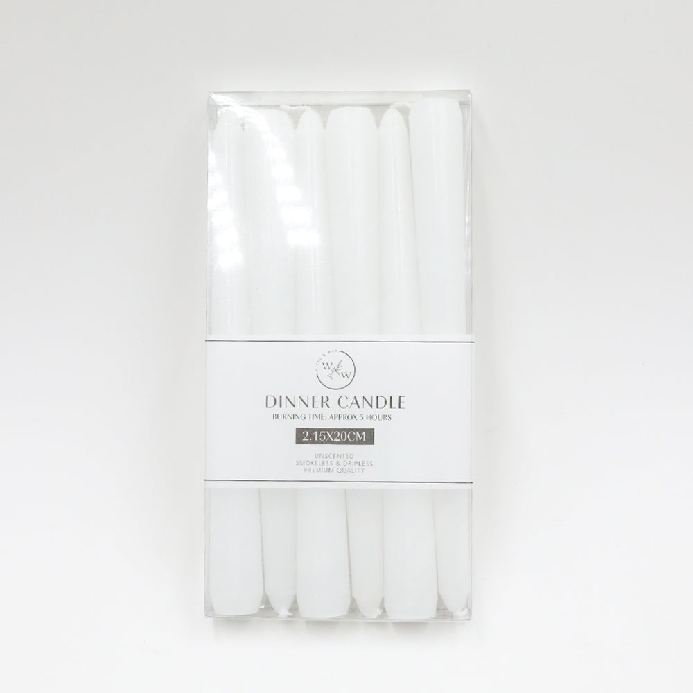 set of six white taper candles; packaged in clear plastic box; candles approx 20cm tall; label with product info on packaging;