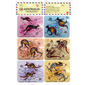 6 square coasters in pack; colourful Aboriginal art designs on each coaster; PVC material with glossy finish; various background colours including pink, blue, beige, purple;
