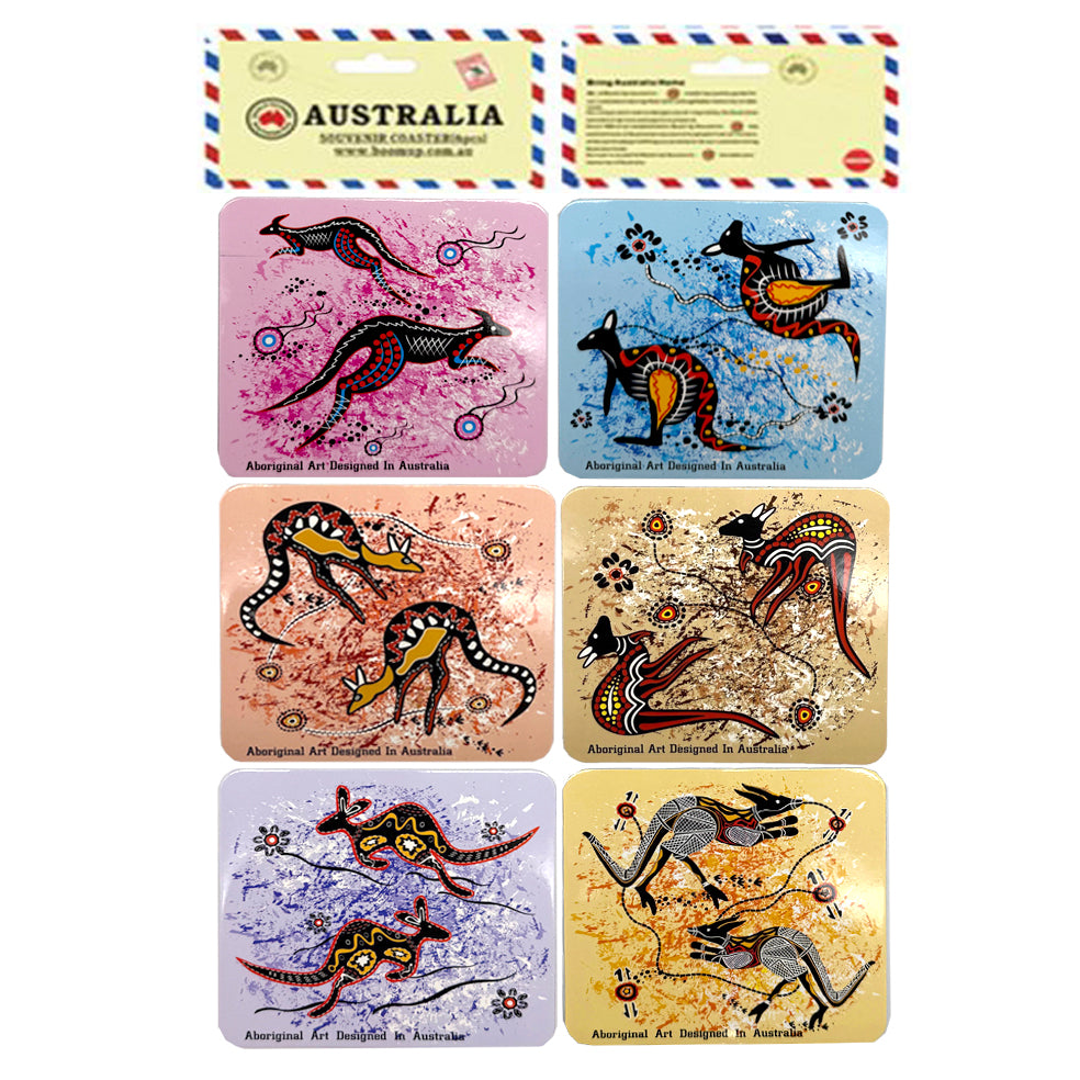 6 square coasters in pack; colourful Aboriginal art designs on each coaster; PVC material with glossy finish; various background colours including pink, blue, beige, purple;