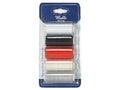 five spools of thread in white, black, red, cream, and grey; each spool wound with thread; packaged on a blue card backing; clear plastic overpack to hold spools;