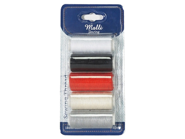five spools of thread in white, black, red, cream, and grey; each spool wound with thread; packaged on a blue card backing; clear plastic overpack to hold spools;