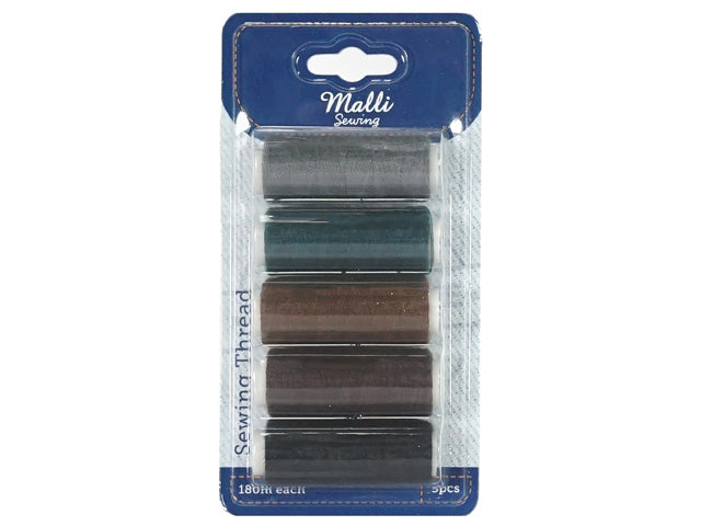 Five spools of thread; Dark shade colours including black, brown and dark green; Plastic blister packaging with cardboard backing; Each spool labelled with 180m;