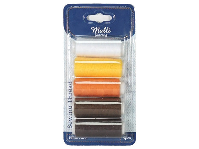 Five thread spools in warm shades including white, yellow, orange, brown shades; Packaged in a clear plastic blister pack; Brand name 'Malli Sewing' visible on packaging; Each spool labelled with 180m;
