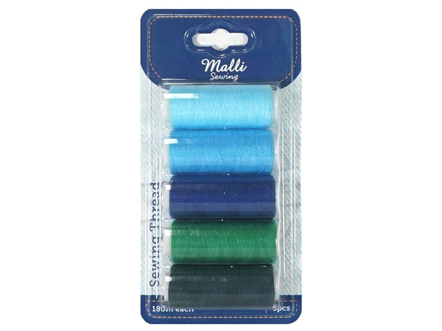 5 spools of thread; Various shades of blue and green; Plastic blister packaging; Brand labelled Malli Sewing; Each spool approx. 180m;