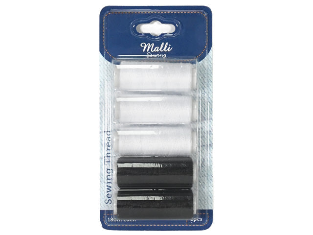 3 white thread spools; 2 black thread spools; plastic packaging with hanging tab; 180m thread length visible on packaging;