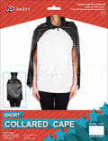 Black cape with a raised collar; Neck ties at the front; Satin-like sheen on the fabric; Red and teal retail packaging;