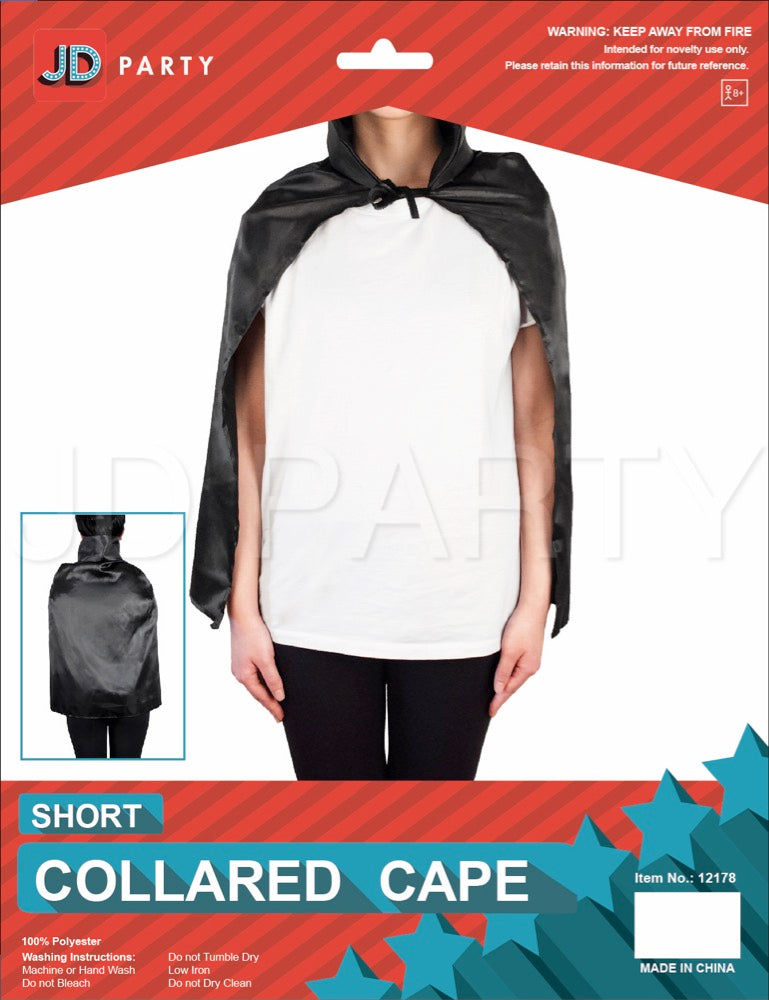 Black cape with a raised collar; Neck ties at the front; Satin-like sheen on the fabric; Red and teal retail packaging;