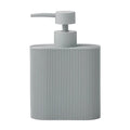 grey colour; vertical ridged textured surface; rectangular curved body shape; resin material appearance; pump dispenser top;