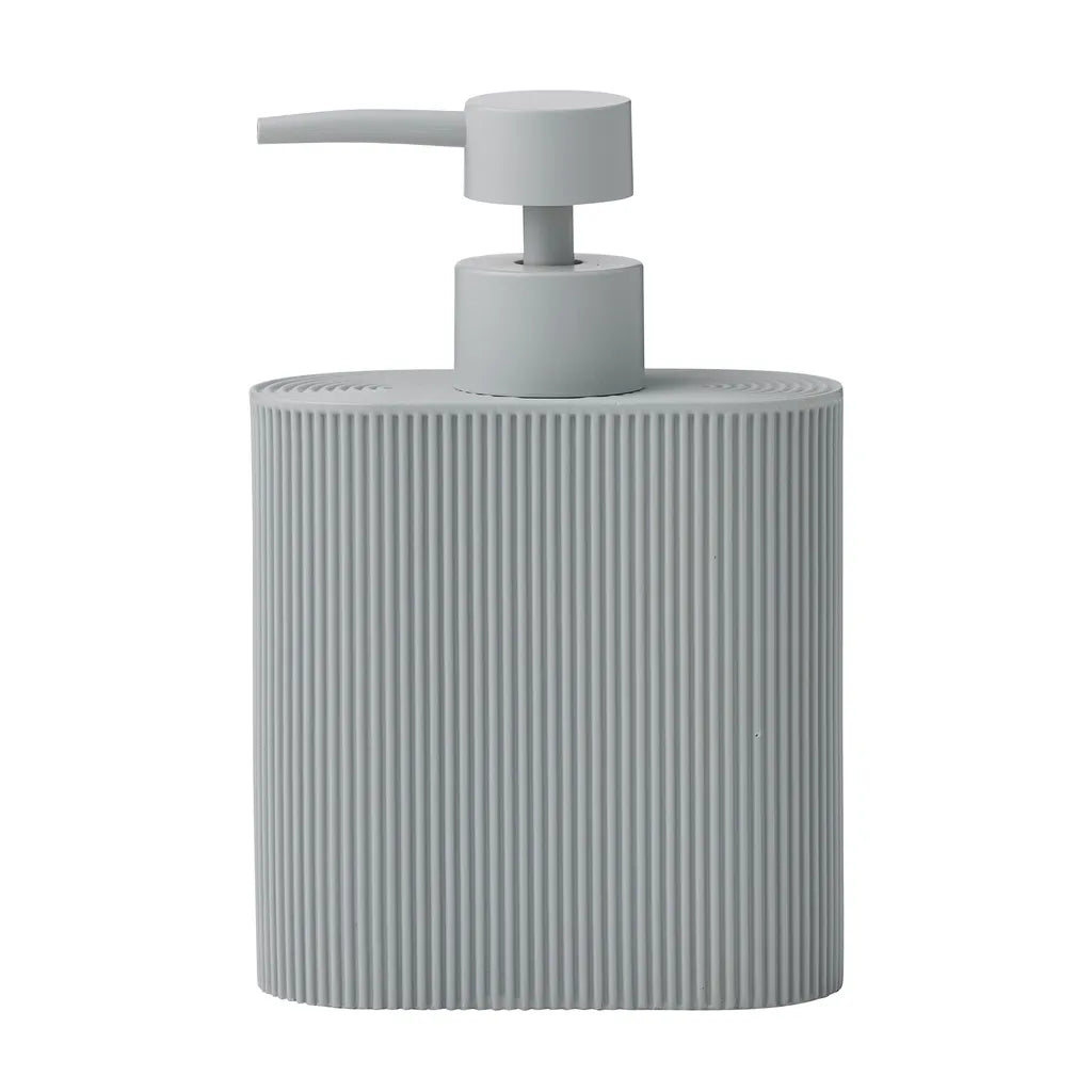 grey colour; vertical ridged textured surface; rectangular curved body shape; resin material appearance; pump dispenser top;