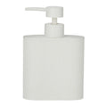 ivory colour; textured vertical ribbed surface; rectangular shape with rounded edges; pump dispenser top; resin material appearance;