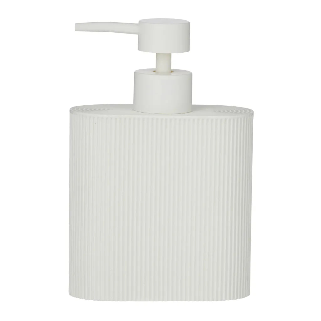 ivory colour; textured vertical ribbed surface; rectangular shape with rounded edges; pump dispenser top; resin material appearance;