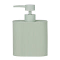 seafoam colour; resin material; ribbed textured surface; cylindrical shape with oval base; pump dispenser head;