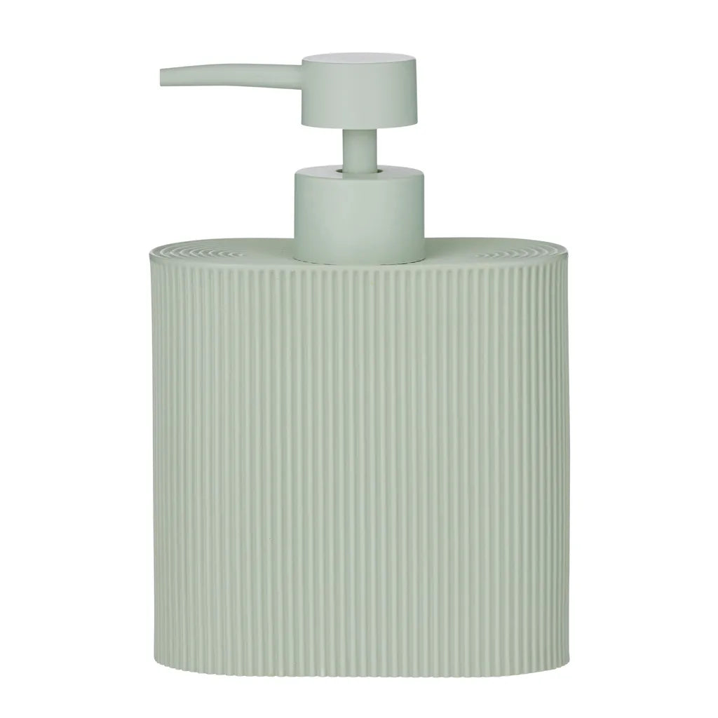 seafoam colour; resin material; ribbed textured surface; cylindrical shape with oval base; pump dispenser head;