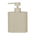 Taupe colour; Rectangular shape with rounded edges; Vertical ribbed texture on body; Resin material; Pump dispenser top in matching taupe;