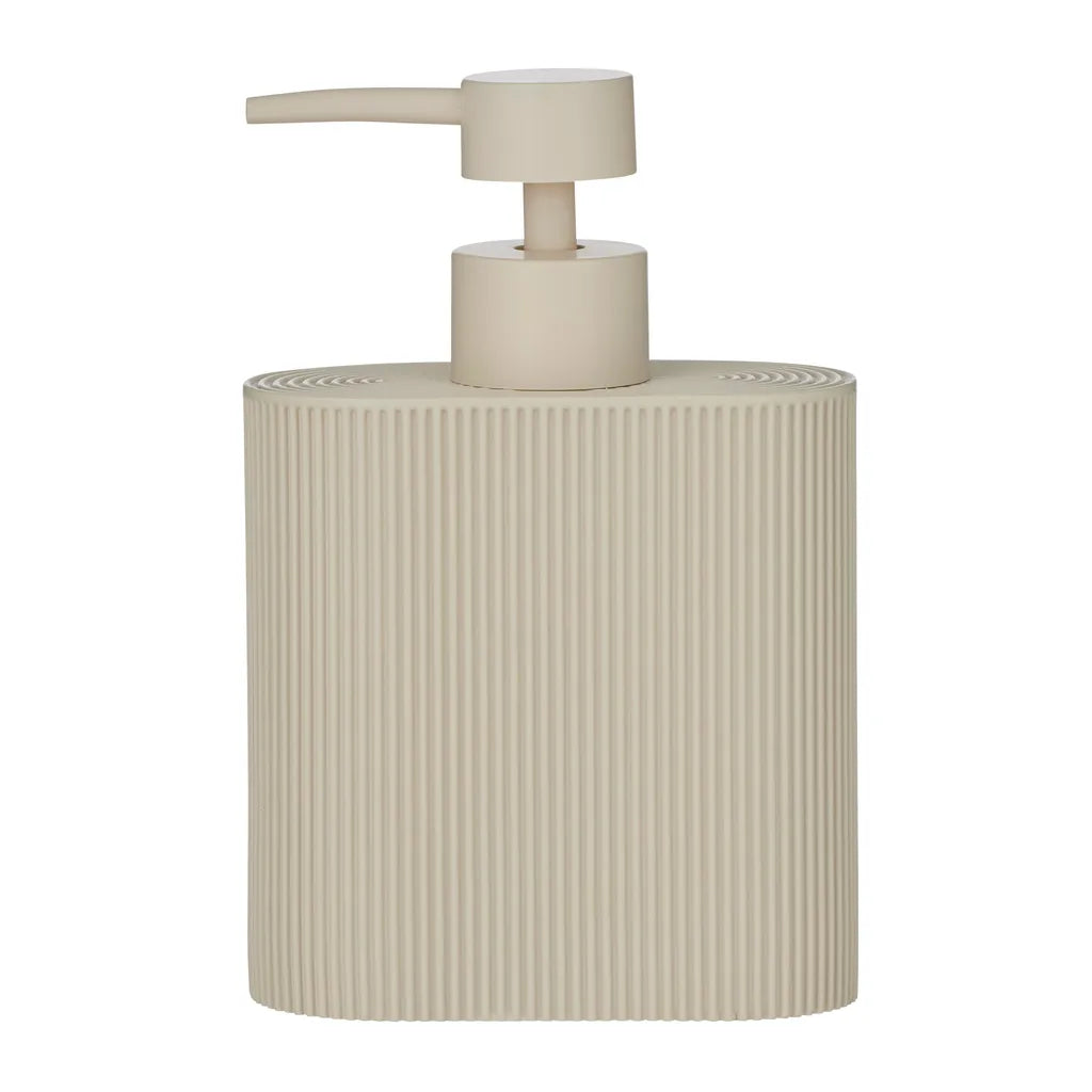 Taupe colour; Rectangular shape with rounded edges; Vertical ribbed texture on body; Resin material; Pump dispenser top in matching taupe;