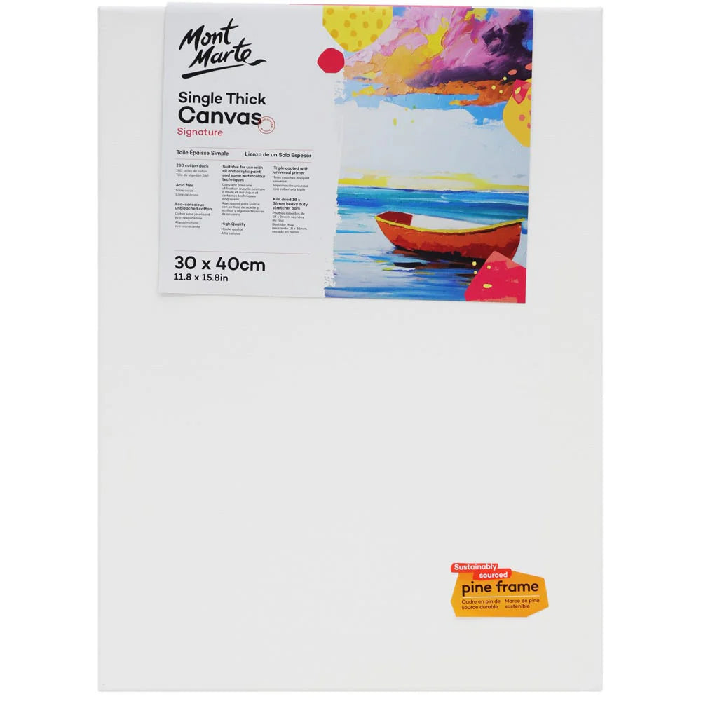 white canvas stretched on wooden pine frame; rectangular shape 30x40cm; label with colourful boat painting image; sustainably sourced pine frame sticker;