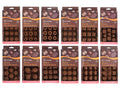 Brown silicone mould; Packaged with brown label featuring chocolate images; 12 cavities per mould; Variety of shapes including circles, stars, flowers, squares; Individual packaging with hang tab;