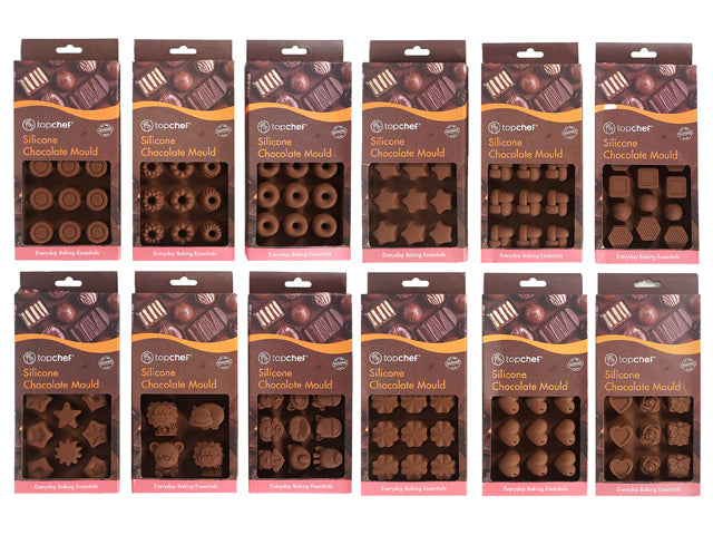 Brown silicone mould; Packaged with brown label featuring chocolate images; 12 cavities per mould; Variety of shapes including circles, stars, flowers, squares; Individual packaging with hang tab;