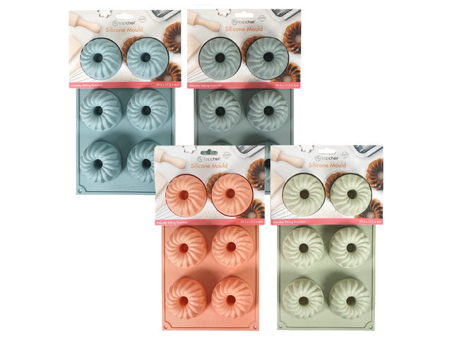 Pastel colours include blue, green, pink, and light grey; Flexible silicone material; Each mould has four mini bundt cake cavities; Bundt shape with fluted design; Product packaged in clear plastic top display;