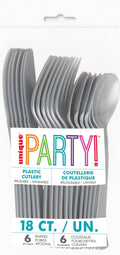 silver colour; 18 pieces total; includes knives, forks, spoons; plastic material; packaged set;