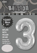 silver colour; number 3 shape; foil material; packaged with branding and instructions;
