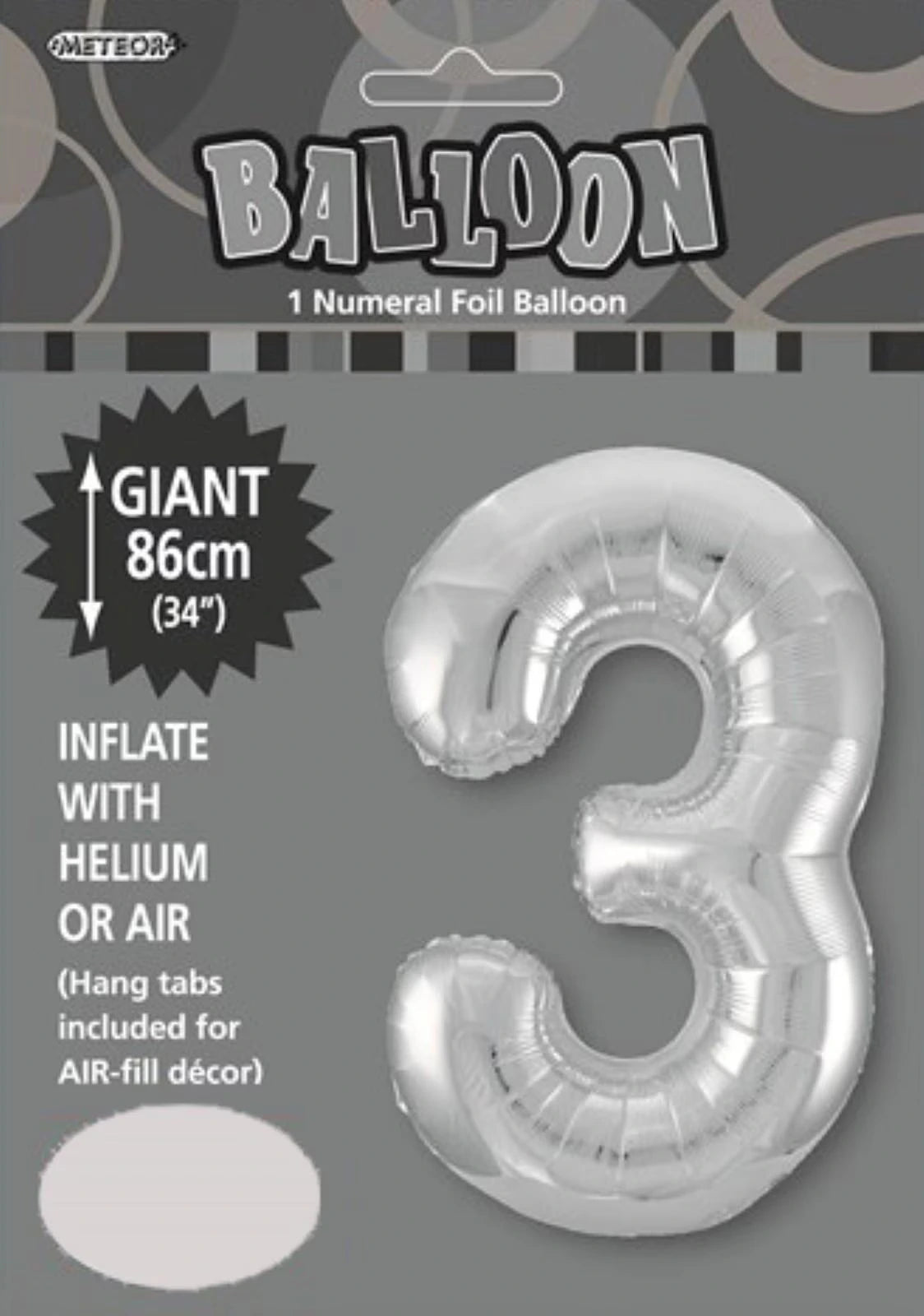 silver colour; number 3 shape; foil material; packaged with branding and instructions;