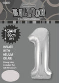 silver colour; number 1 shape; foil material; packaged with header card; 34 inch size indicated;
