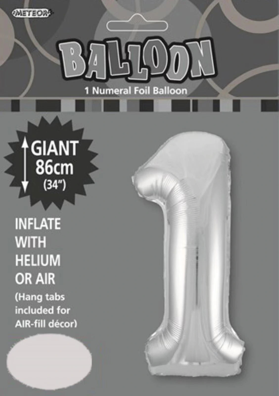 silver colour; number 1 shape; foil material; packaged with header card; 34 inch size indicated;