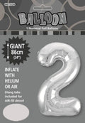 silver colour; number 2 shape; foil material; packaged with grey and black cardboard backing; 34 inch (86cm) size indicated;