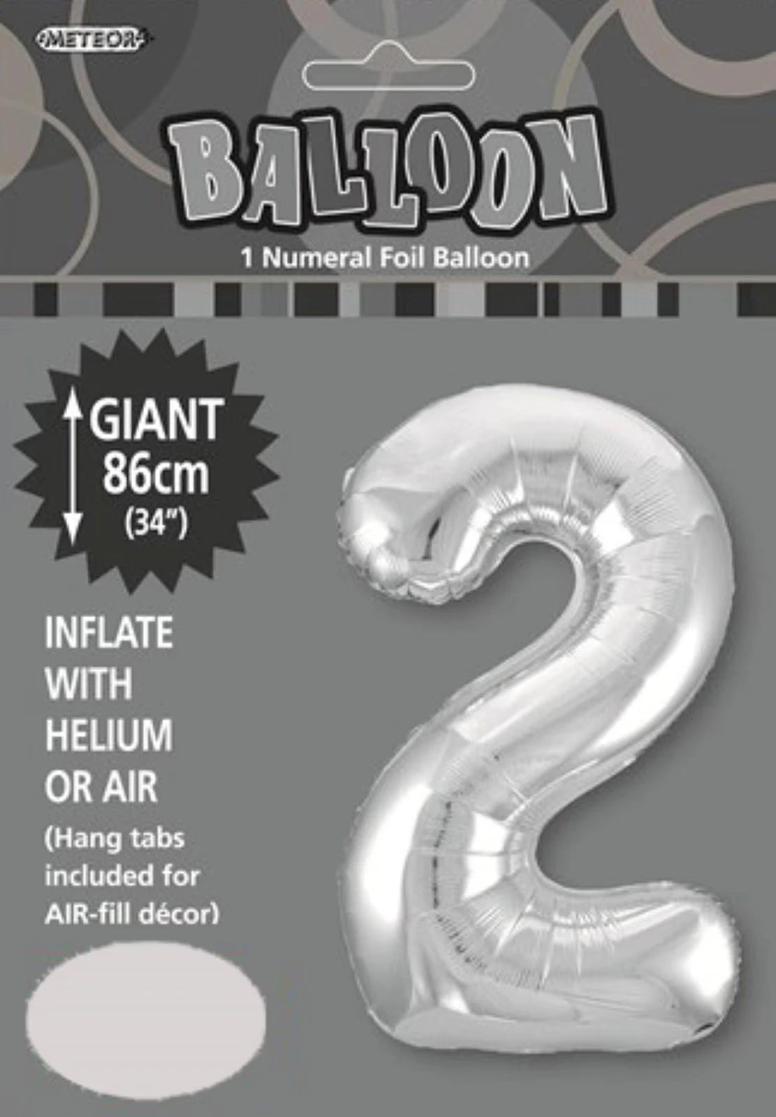 silver colour; number 2 shape; foil material; packaged with grey and black cardboard backing; 34 inch (86cm) size indicated;