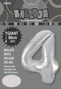 silver colour; number 4 shape; foil material; 86cm (34 inch) size; packaging with 'METEOR' branding;