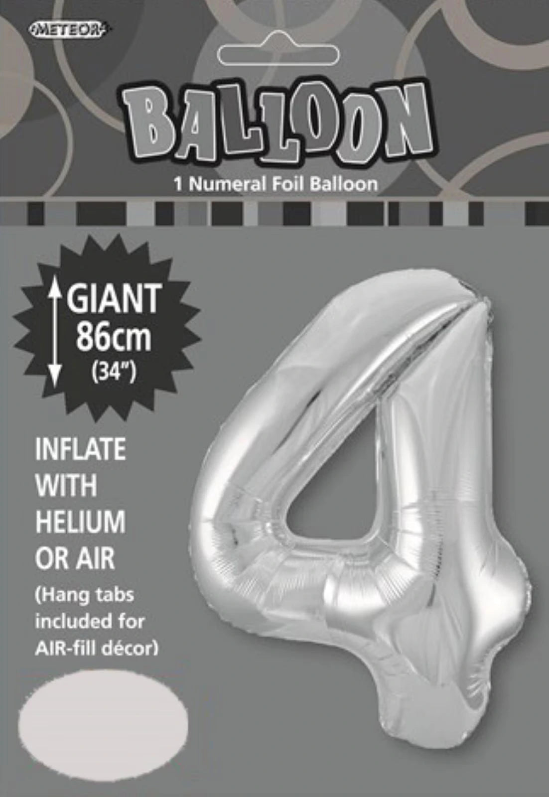 silver colour; number 4 shape; foil material; 86cm (34 inch) size; packaging with 'METEOR' branding;
