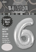 silver colour; number 6 shape; foil material; packaging with product visible; 34 inch (86cm) size indicated;