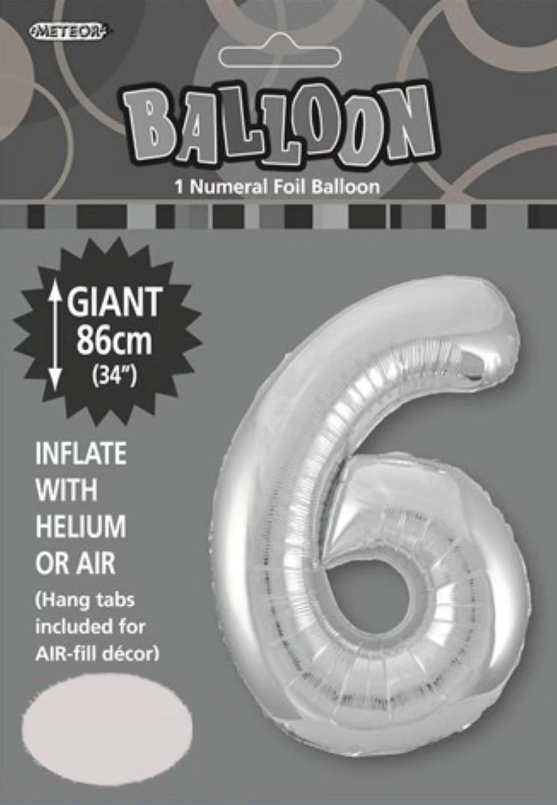 silver colour; number 6 shape; foil material; packaging with product visible; 34 inch (86cm) size indicated;