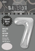 silver colour; foil material; number 7 shape; packaged with header card; 86cm (34 inch) size;
