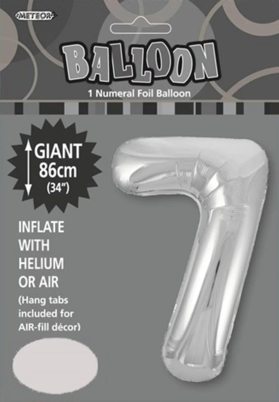 silver colour; foil material; number 7 shape; packaged with header card; 86cm (34 inch) size;