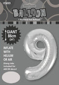 silver colour; number 9 shape; foil material; 34 inch (86cm) size; packaged with hang tabs;
