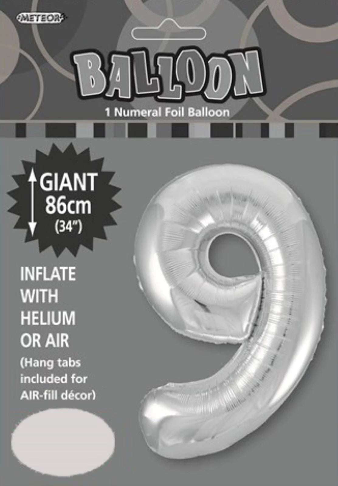 silver colour; number 9 shape; foil material; 34 inch (86cm) size; packaged with hang tabs;