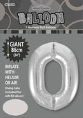silver colour; number 0 shape; foil material; 34 inch (86cm) size; packaged with header card;